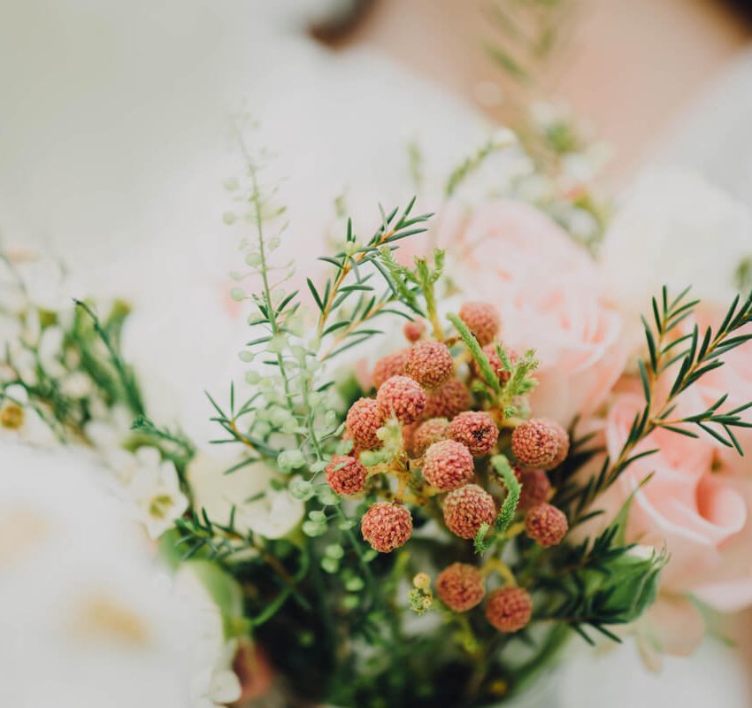 A close-up of a bouquet featuring pink roses, red billy buttons, white flowers, and assorted greenery, with a softly blurred background.