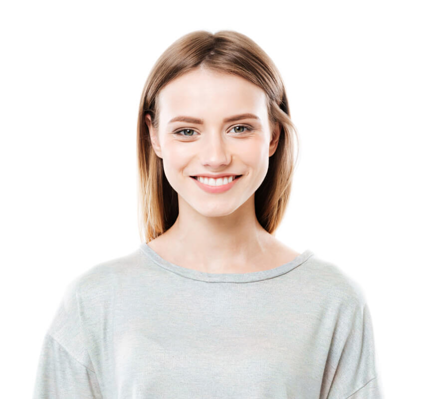 A young woman with straight, light brown hair and fair skin smiles at the camera. She is wearing a light grey top and is posed against a plain white background.