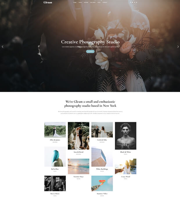 A sleek photography studio website homepage featuring a large header image of a bride holding a bouquet, studio introduction text, and a grid of photo galleries with sample images and titles beneath.