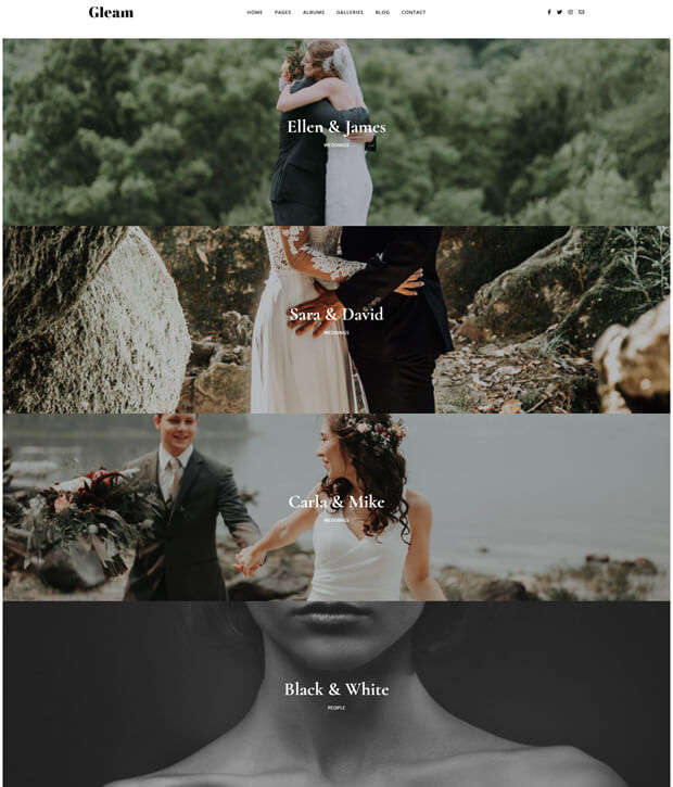 A wedding website template with four sections, each showing a different couple's photo and their names: Ellen &amp; James, Sara &amp; David, Carla &amp; Mike, and a black-and-white portrait labeled "Black &amp; White.