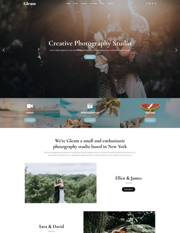 A photography studio website homepage with a large header image of a bride and groom, service categories (video, photography, editing), an introductory section, and photo galleries for couples Ellen &amp; James and Sara &amp; David.