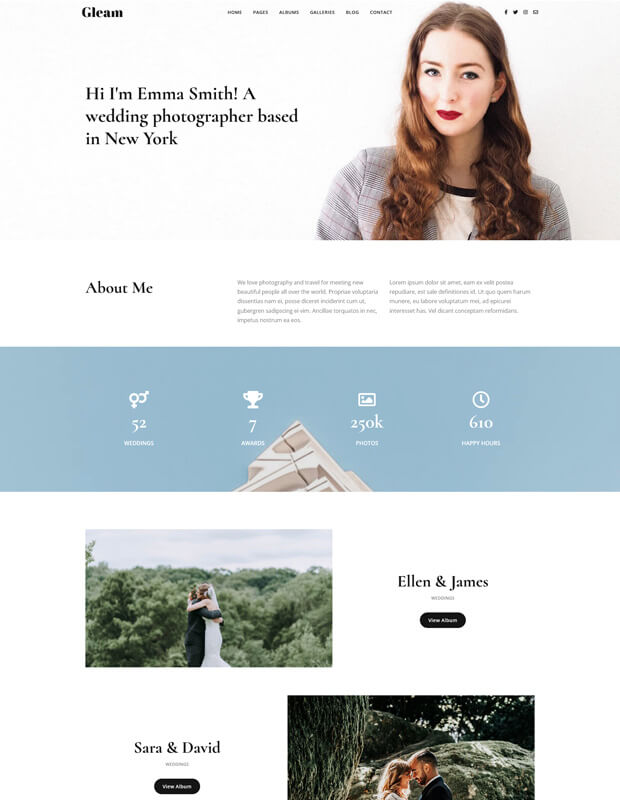A wedding photographer&rsquo;s website homepage featuring a portrait of a woman with long hair, an about section, stats, and photos of two couples with links to view their wedding albums.