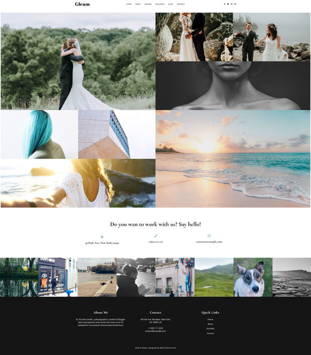 A website homepage featuring a grid of wedding and nature photos, including couples, close-ups, beach scenes, and a dog. The site offers sections for About Me, Contact, and Quick Links at the bottom.