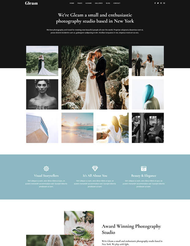 Screenshot of a photography studio website homepage featuring a black header, photo grid of weddings and portraits, sections highlighting services, and text about the studio&rsquo;s New York location and award-winning photography.