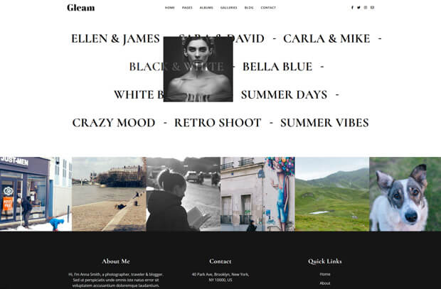 A minimalist photography website features a menu, large text links to photo albums, a grayscale portrait pop-up, and a gallery of five images including landscapes, people, and a dog, with info sections below.
