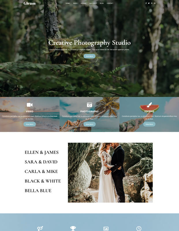 Homepage of a photography studio website featuring a forest background, service icons for video, photography, and editing, and a photo of a bride and groom in nature with a client list beside it.