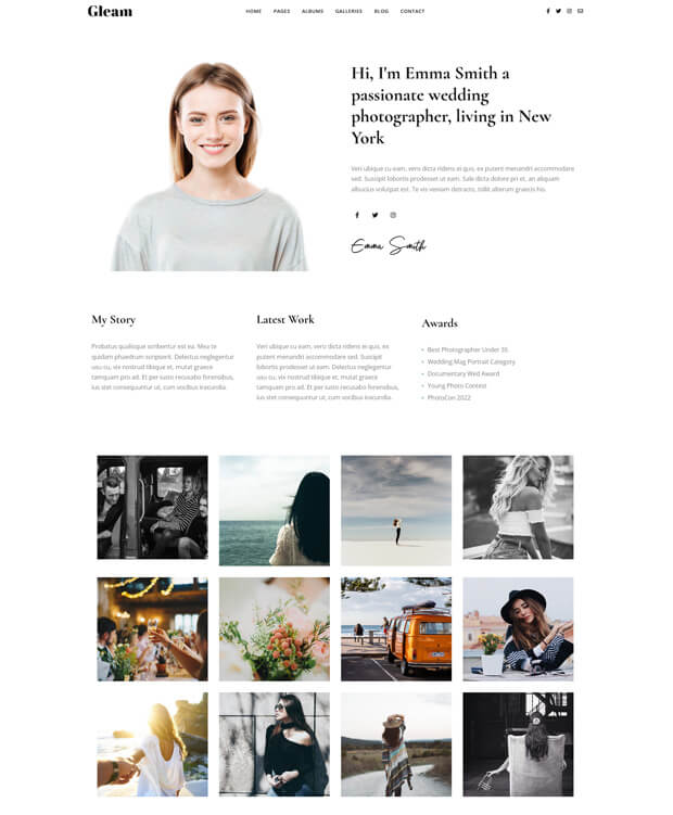 A minimalist photographer&rsquo;s portfolio web page with a portrait of a smiling woman at the top, intro text, signature, and three columns titled My Story, Latest Work, Awards above a gallery of twelve photos in three rows.