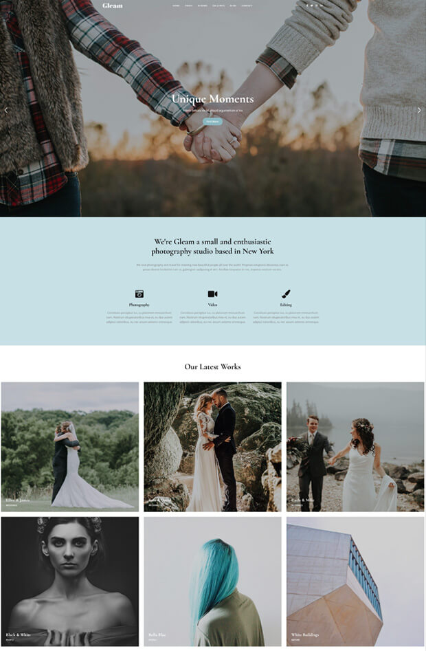 Screenshot of a photography portfolio website showing a header image of two people holding hands, followed by text about the studio, featured services, and a grid of sample photo works including people and architecture.