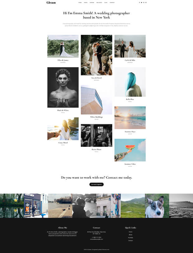 A wedding photographer&rsquo;s website homepage featuring a welcome message, a grid of portfolio images, testimonials, a contact section, and links to social pages, all presented in a clean, modern layout.