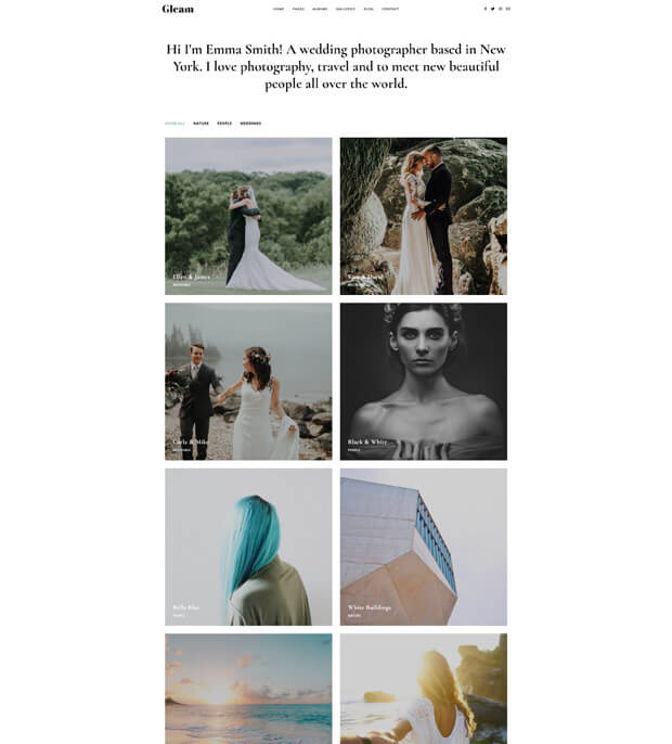 A wedding photographer's portfolio webpage with a brief bio at the top, featuring a grid of eight diverse photos including wedding couples, portraits, a woman with blue hair, a modern building, and nature scenes.