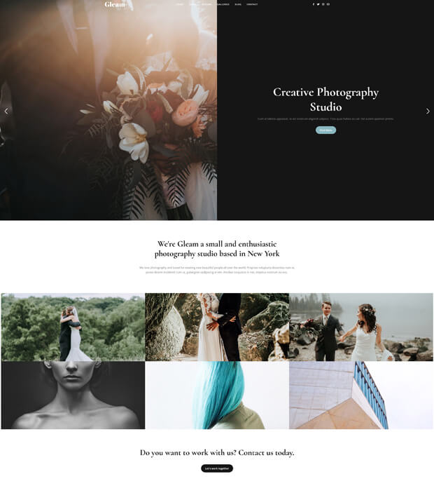 Screenshot of a photography studio website showing floral and wedding photos, portraits, and scenic images. The site features the studio&rsquo;s name, &ldquo;Gleam,&rdquo; and a welcome message inviting visitors to get in touch.