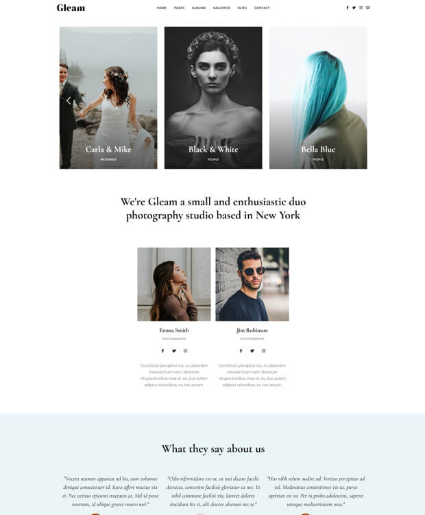A photography studio website features a grid of four portrait photos at the top, profiles of two team members in the middle, and a testimonials section at the bottom, all on a clean, white background.