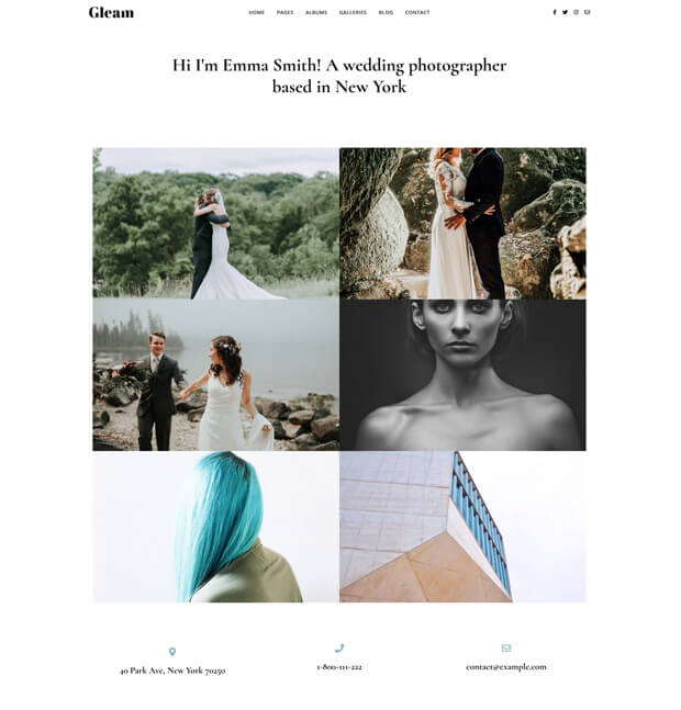 A minimalist wedding photography portfolio webpage featuring a grid of six images: couples posing outdoors, close-up portraits, and architecture, with contact info and the photographer&rsquo;s introduction at the top.