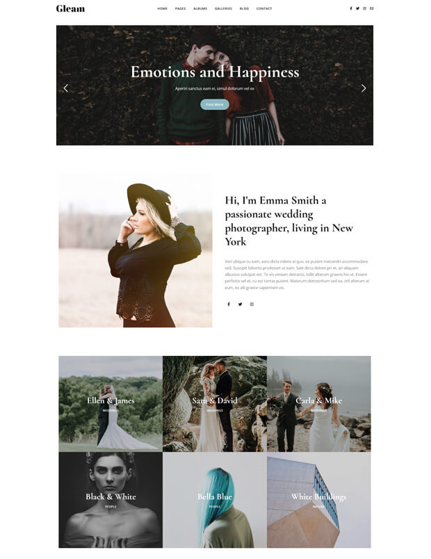 A photography portfolio website homepage featuring a large banner with a couple, an introduction of photographer Emma Smith, and photo gallery sections for different couples and photo styles, including black &amp; white and urban.