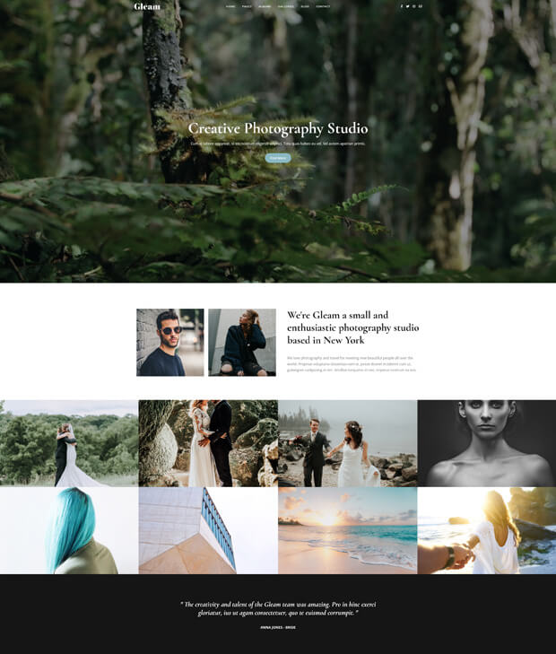 A photography studio website homepage with a forest background, bold text saying "Creative Photography Studio," and grid sections showing portraits, weddings, and artistic photos, plus a brief studio introduction.