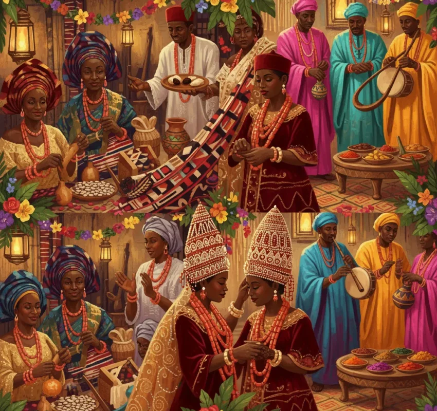 A vibrant African market scene with people in colorful traditional attire, sharing food, playing music, and engaging in conversation, surrounded by baskets of produce, fabrics, and decorative flowers.