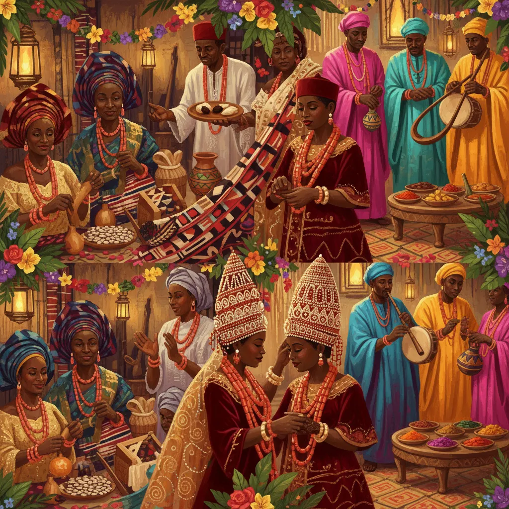 A vibrant African market scene with people in colorful traditional attire, sharing food, playing music, and engaging in conversation, surrounded by baskets of produce, fabrics, and decorative flowers.