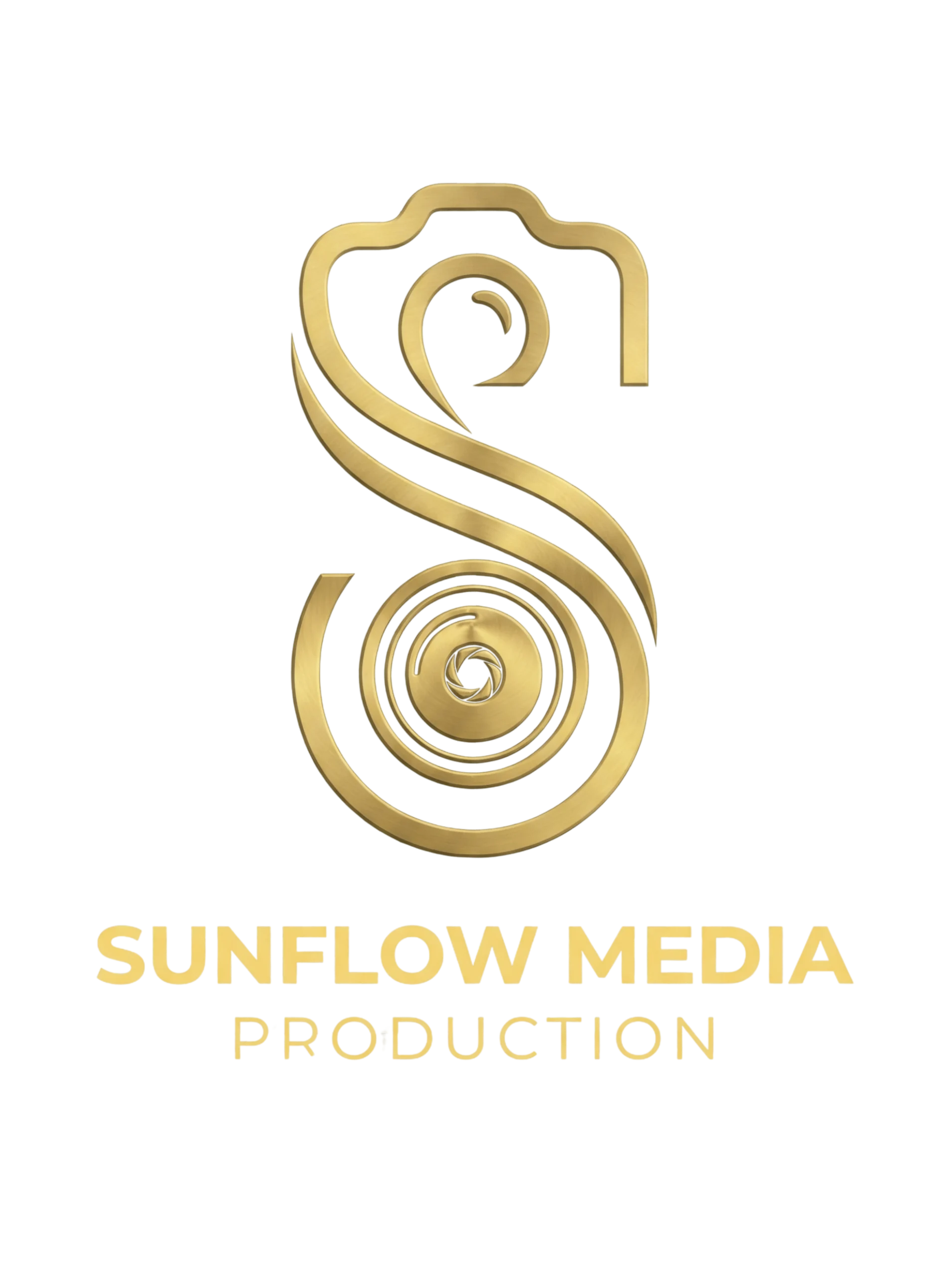 A gold camera outline forms an abstract "S" above the words "SUNFLOW MEDIA PRODUCTION" in gold, on a white background.