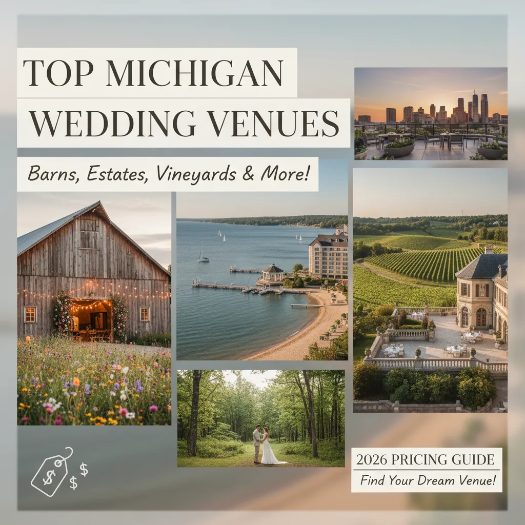 A collage of wedding venues in Michigan, including a rustic barn, a lakeside resort, a vineyard, a grand estate, a forest path, and a city skyline, with text about top wedding venues and a 2026 pricing guide.