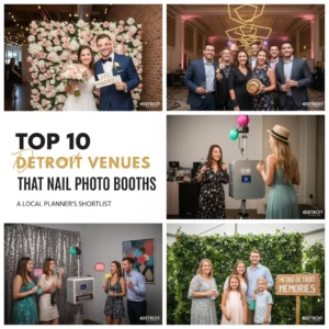 A collage shows people posing at photo booths during events, including couples, families, and groups, with festive backdrops. Text reads “Top 10 Detroit Venues That Nail Photo Booths: A Local Planner’s Shortlist.”.