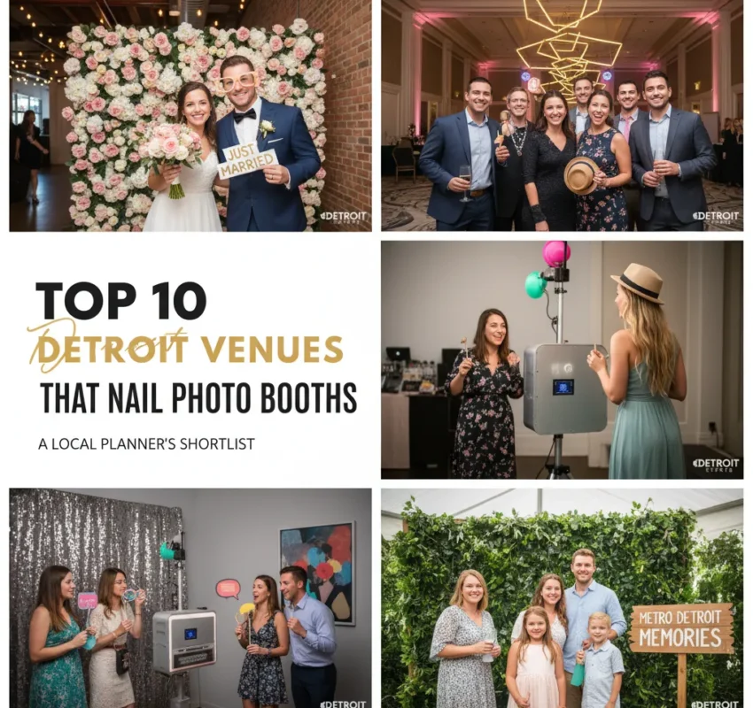 A collage shows people posing at photo booths during events, including couples, families, and groups, with festive backdrops. Text reads “Top 10 Detroit Venues That Nail Photo Booths: A Local Planner’s Shortlist.”.