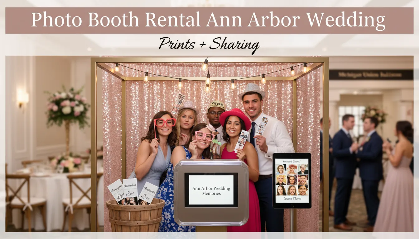 Six people pose together in a photo booth with playful props at a wedding; they hold printed photo strips and smile in front of a pink, glittery backdrop under string lights, with a photo booth screen in the foreground.