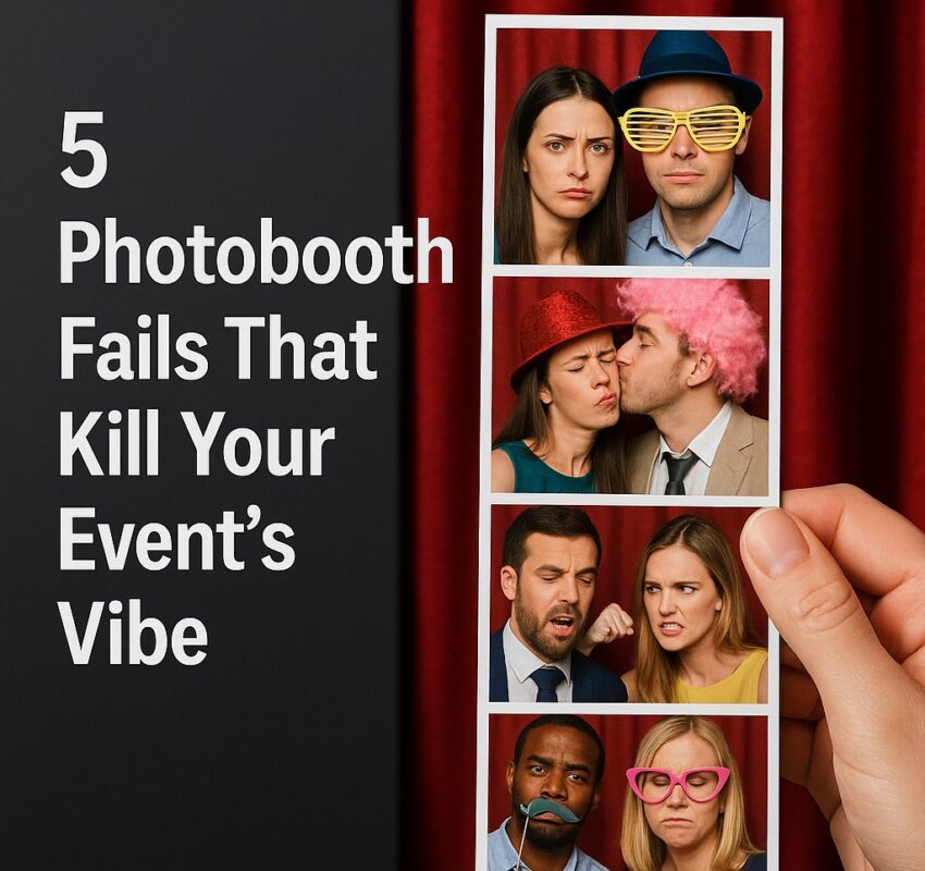 A hand holds a strip of four photobooth pictures featuring people making silly faces in props and costumes, next to text reading "5 Photobooth Fails That Kill Your Event&rsquo;s Vibe" on a black background with a red curtain.