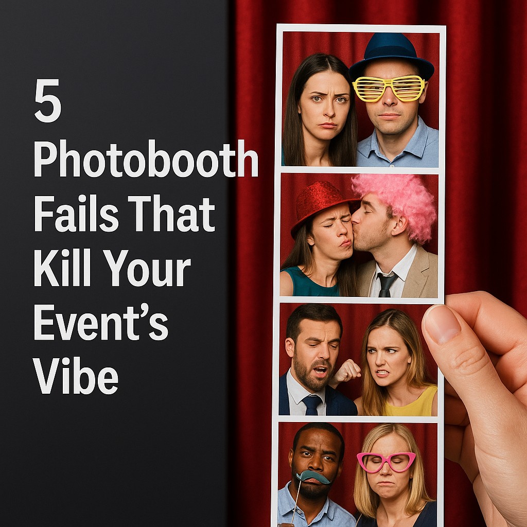 A hand holds a strip of four photobooth pictures featuring people making silly faces in props and costumes, next to text reading "5 Photobooth Fails That Kill Your Event’s Vibe" on a black background with a red curtain.