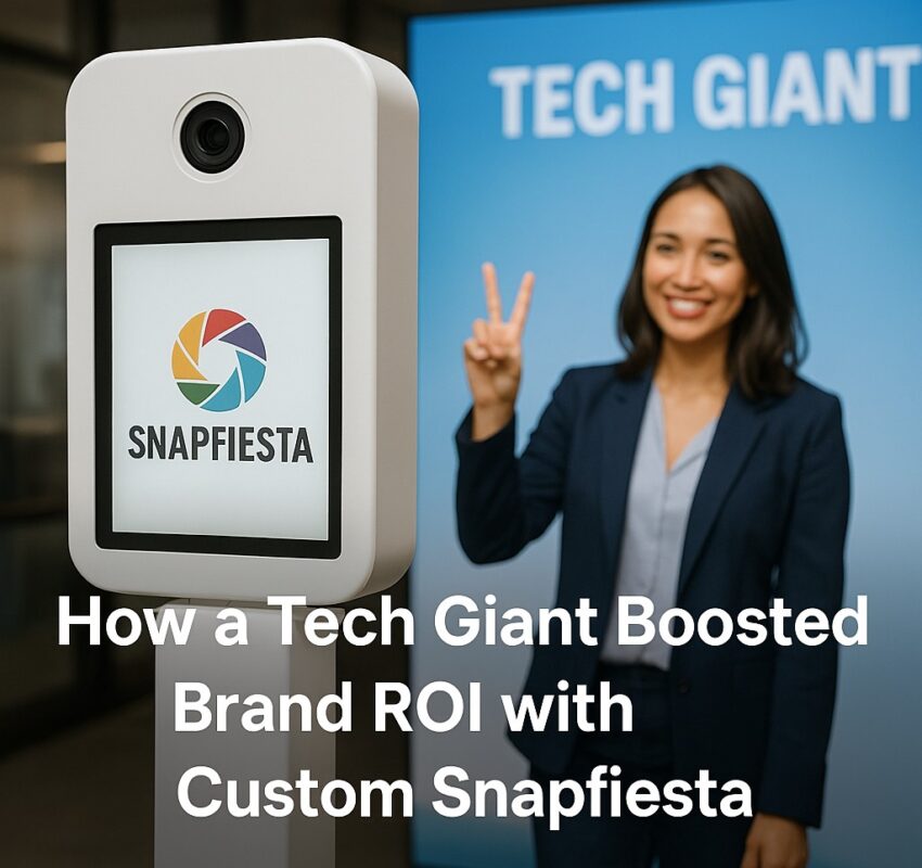 A smiling woman stands beside a Snapfiesta photo booth, holding up a peace sign. Text on the image reads, "How a Tech Giant Boosted Brand ROI with Custom Snapfiesta.