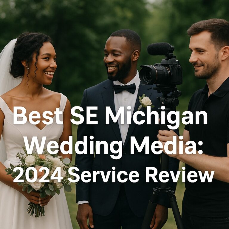 A bride and groom smile while standing outdoors with a cameraman filming them; large text reads "Best SE Michigan Wedding Media: 2024 Service Review.