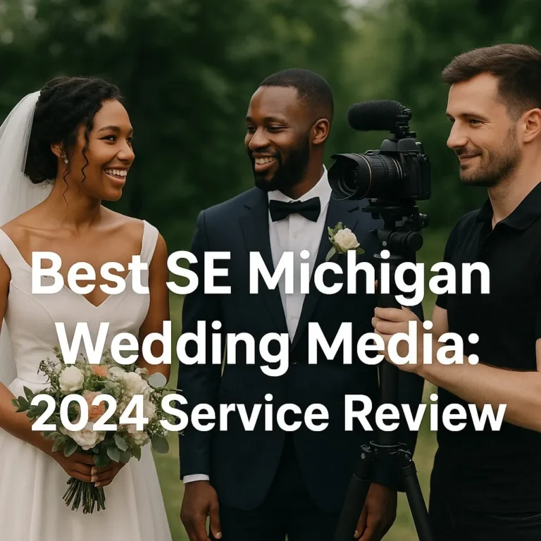 A bride and groom smile while standing outdoors with a cameraman filming them; large text reads "Best SE Michigan Wedding Media: 2024 Service Review.