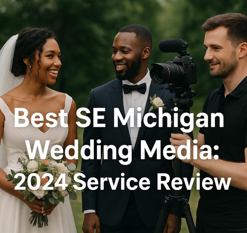 A bride and groom smile while standing outdoors with a cameraman filming them; large text reads "Best SE Michigan Wedding Media: 2024 Service Review.