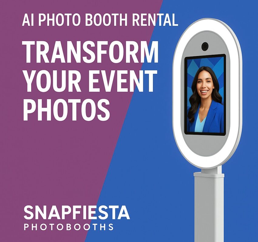 AI photo booth rental ad with a sleek photo booth device displaying a smiling woman on-screen. Text reads, "Transform your event photos." Branding at bottom says "SnapFiesta Photobooths." Background is purple and blue.