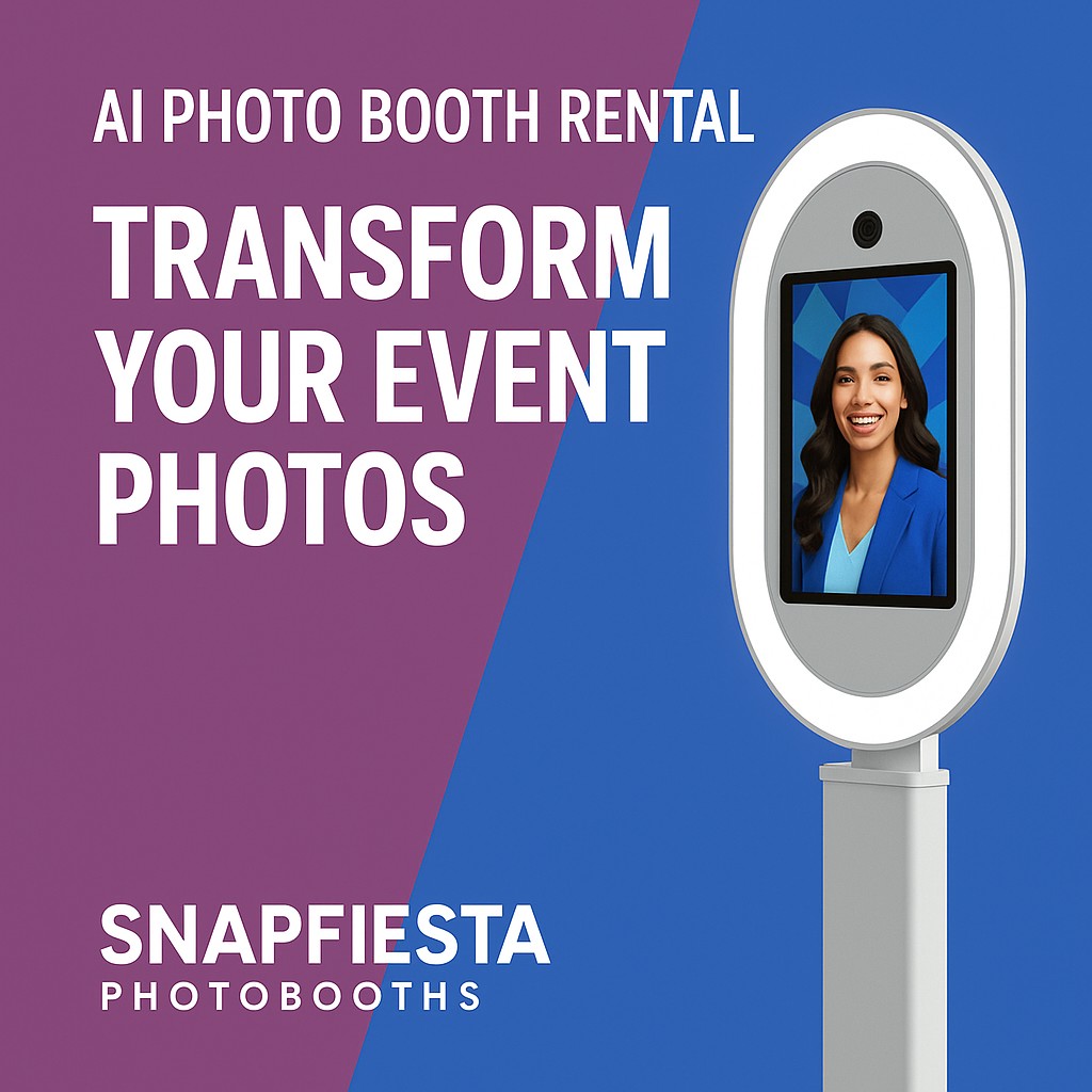 AI photo booth rental ad with a sleek photo booth device displaying a smiling woman on-screen. Text reads, "Transform your event photos." Branding at bottom says "SnapFiesta Photobooths." Background is purple and blue.