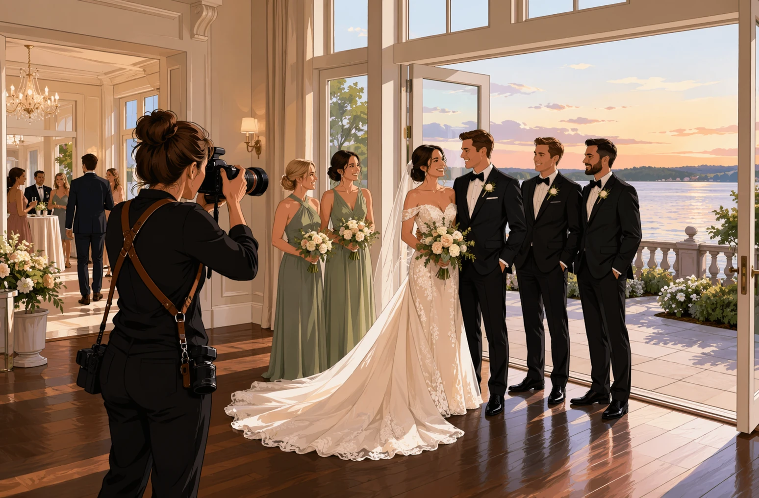 Photographer capturing wedding near lakeside terrace with soft indoor light