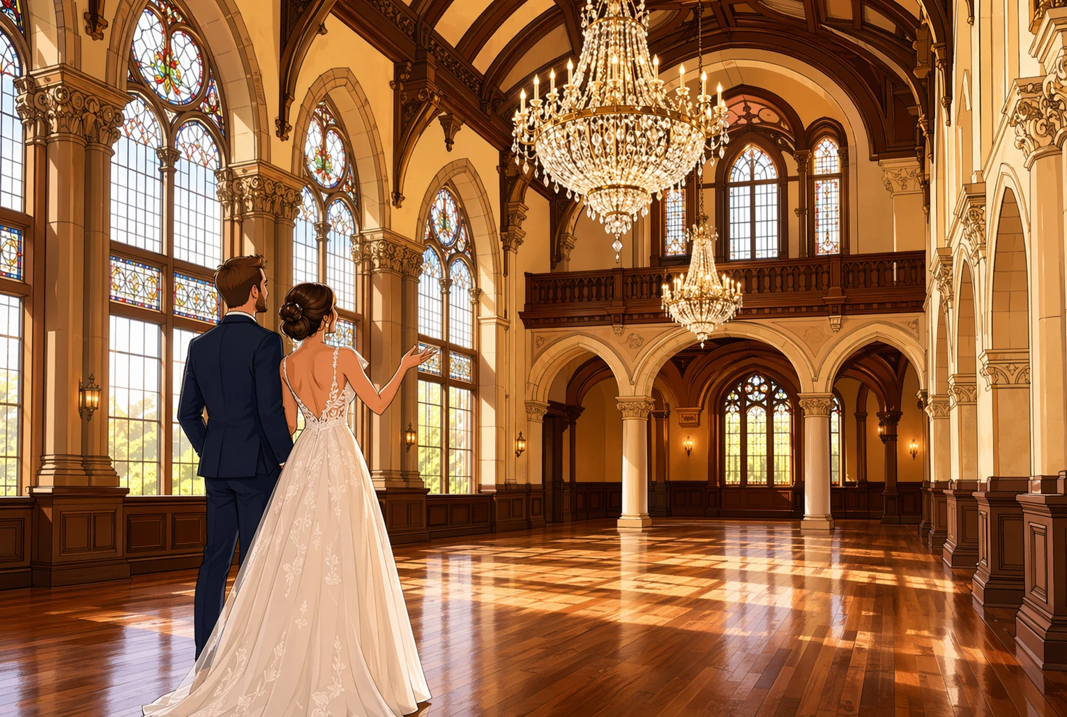 Bride and groom touring historic Michigan ballroom with chandeliers