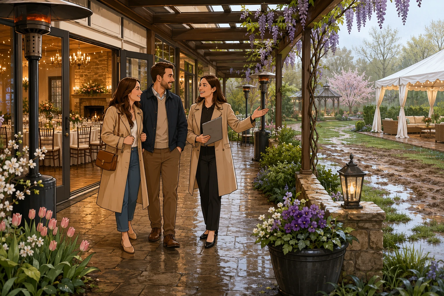 Couple touring covered garden wedding venue in spring drizzle