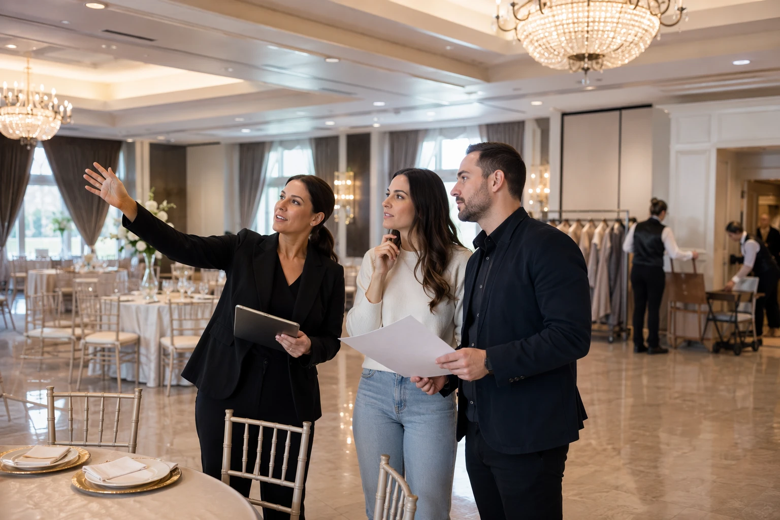 Couple reviewing venue notes during site tour