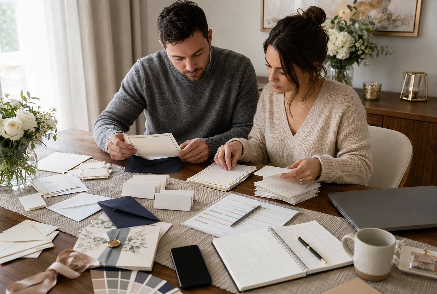 Couple reviewing RSVP cards at dining table