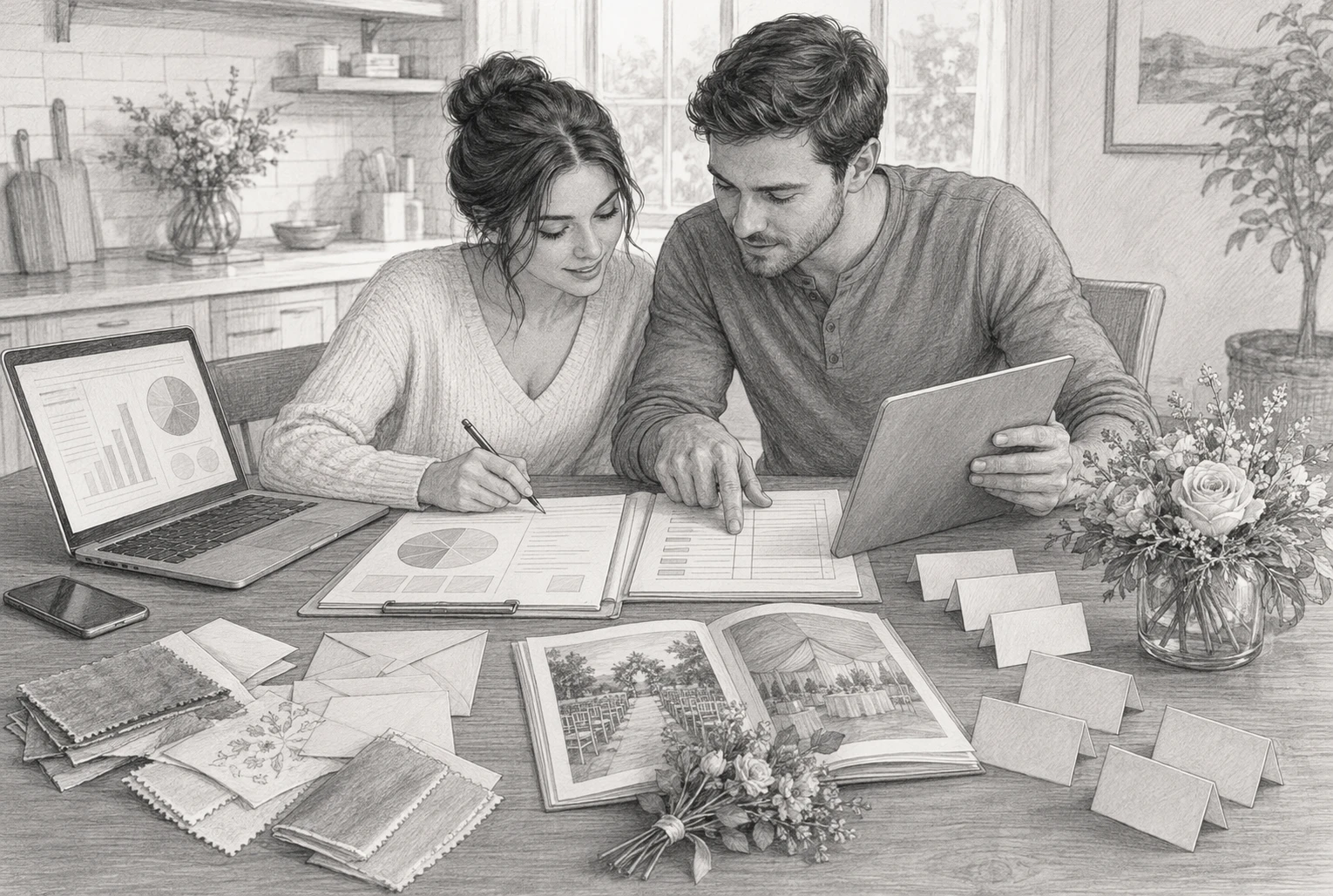 Couple reviewing wedding budget and guest list