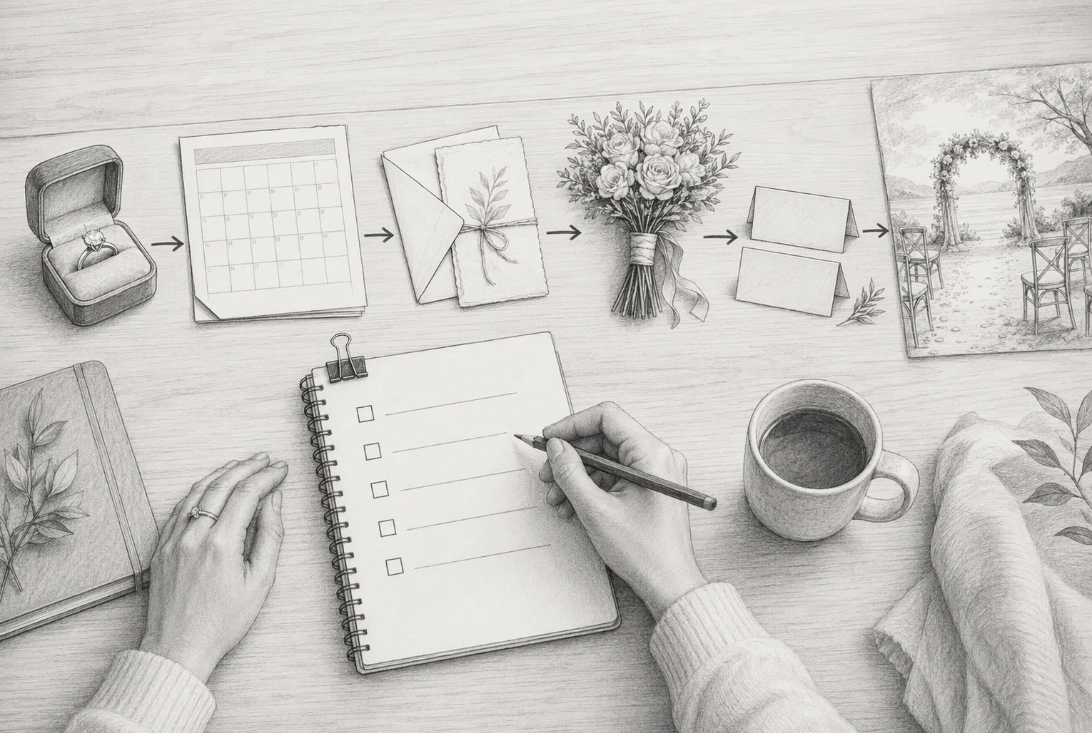 Flowchart of wedding checklist workflow in pencil sketch style