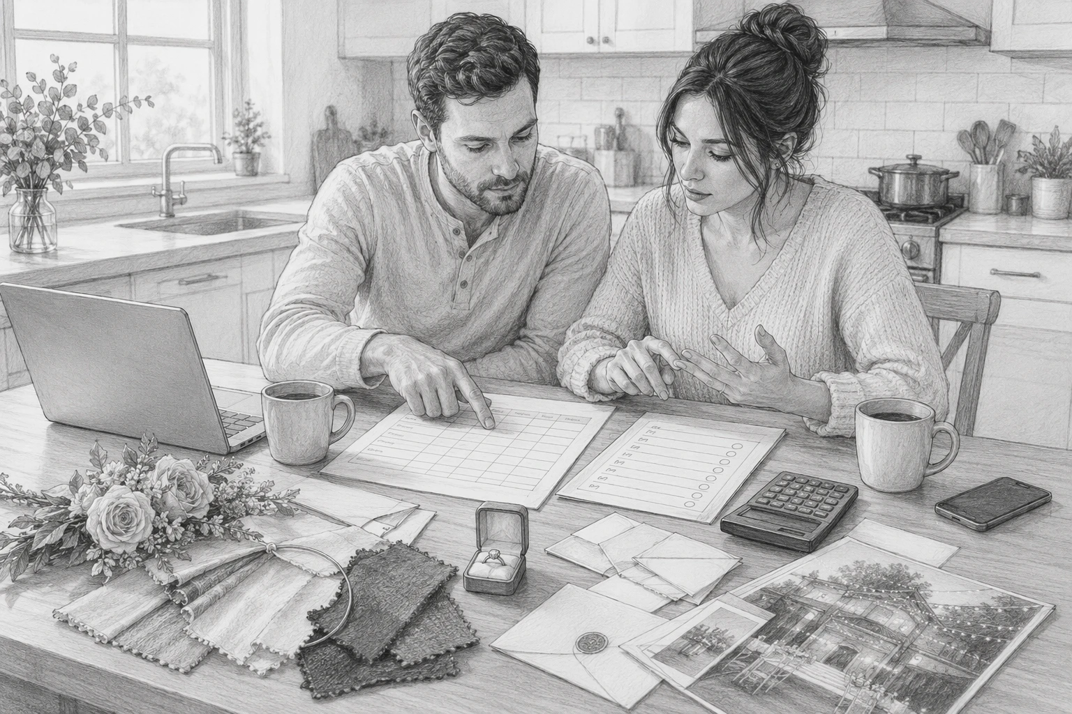 Couple reviewing wedding budget and guest list at kitchen table