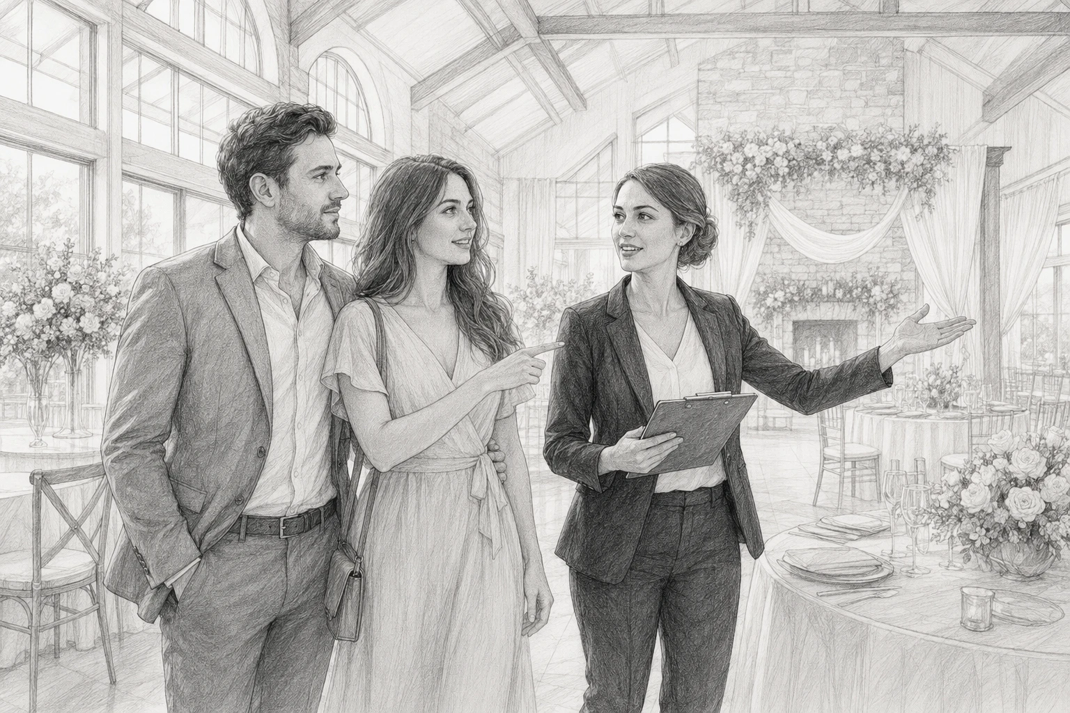 Engaged couple touring wedding venue with planner