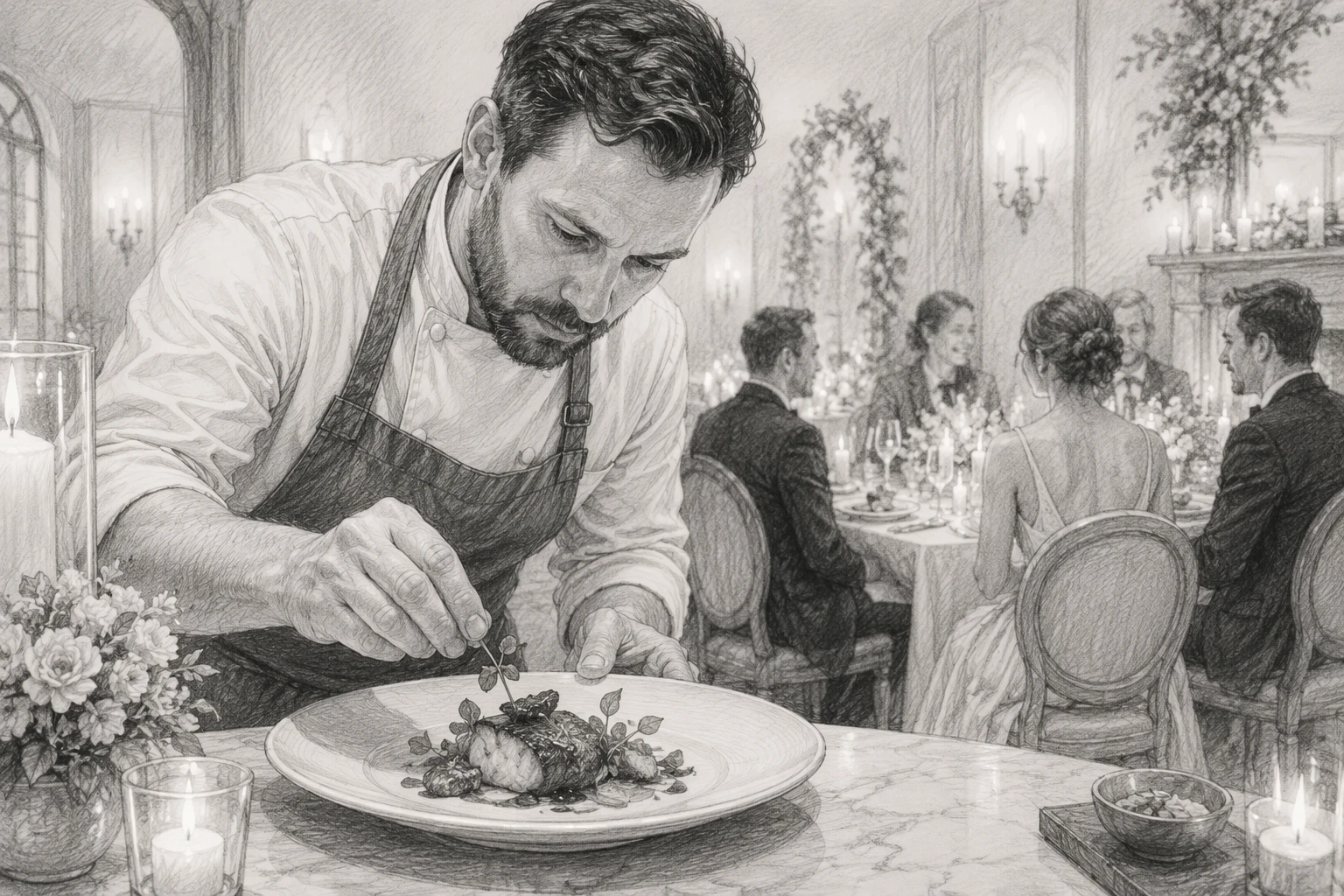 Chef plating multi-course dinner in candlelit venue