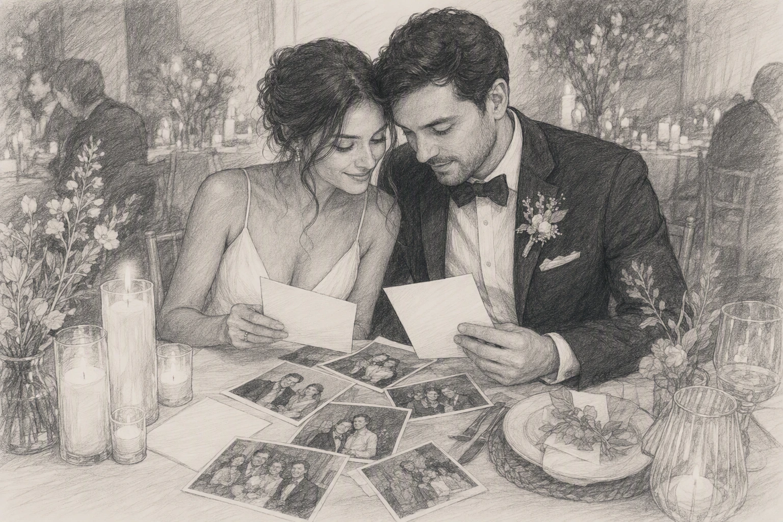 Couple reviewing personalized wedding details at candlelit table