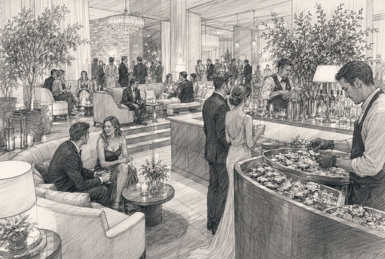 Guests relaxing at lounge with oyster and cocktail station