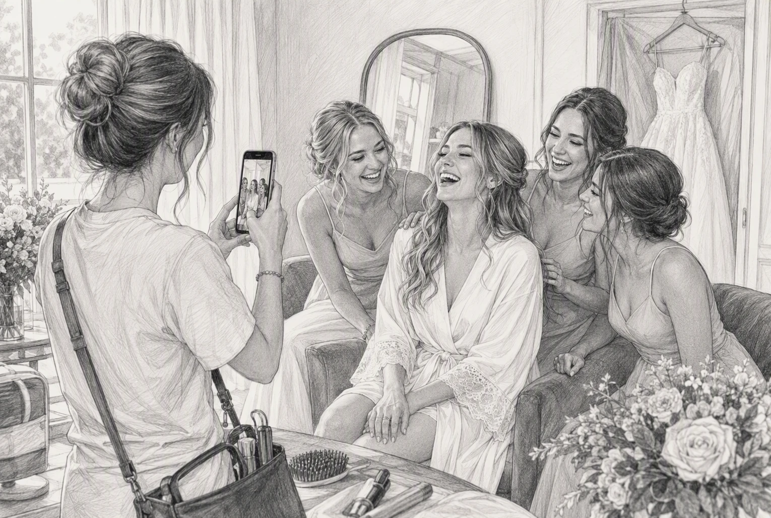 Bride laughing with bridesmaids filmed on smartphone