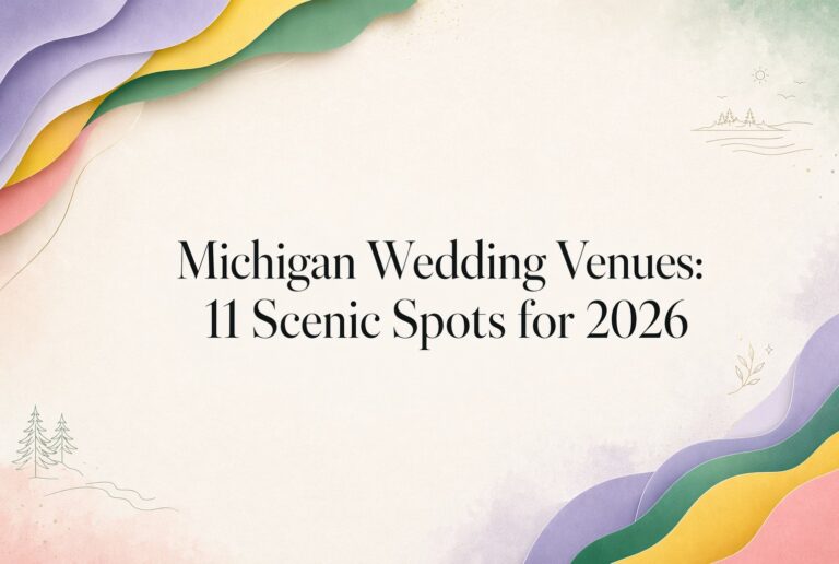 Colorful abstract waves border a cream background with small tree and water line drawings. Centered black text reads: "Michigan Wedding Venues: 11 Scenic Spots for 2026.