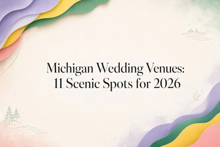Colorful abstract waves border a cream background with small tree and water line drawings. Centered black text reads: "Michigan Wedding Venues: 11 Scenic Spots for 2026.
