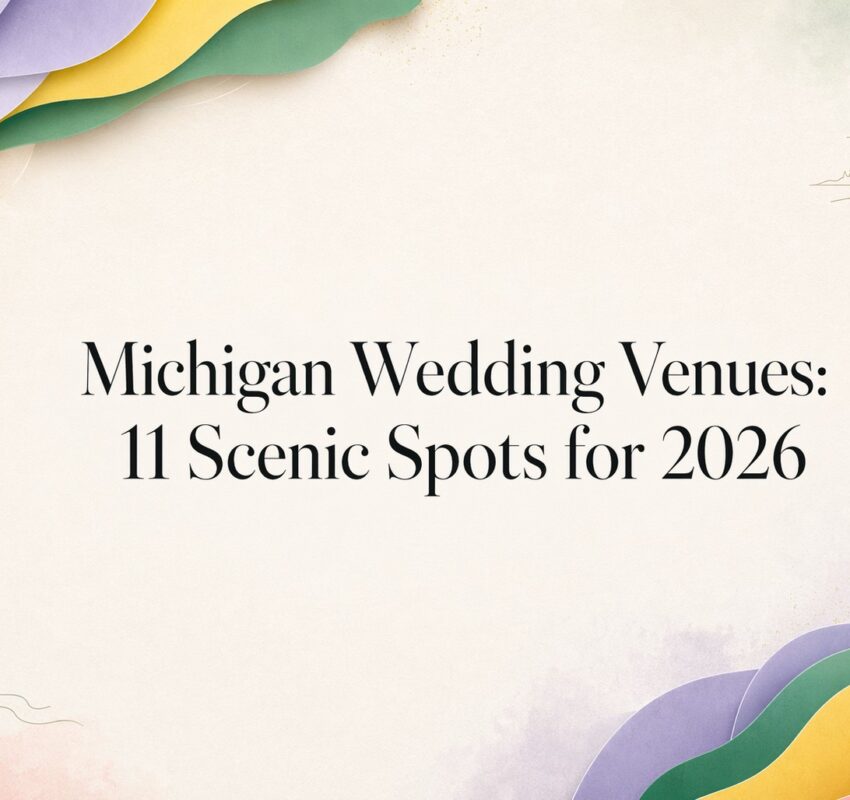 Colorful abstract waves border a cream background with small tree and water line drawings. Centered black text reads: "Michigan Wedding Venues: 11 Scenic Spots for 2026.